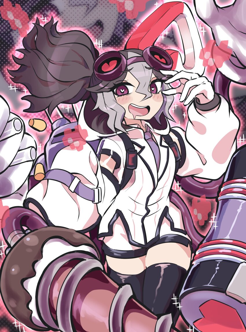 1girl, absurdres, asymmetrical_hair, backpack, bag, black_hair, drooling, duel_monster, flat_chest, goggles, heart, heart-shaped_pupils, highres, lab_coat, looking_at_viewer, mechanical_arms, multicolored_hair, necktie, ponytail, smile, solo, symbol-shaped_pupils, test_tube, thighhighs, vanquish_soul_dr._mad_love, very_long_sleeves, wadatsumi_(sense11531153), white_hair, yu-gi-oh!, zettai_ryouiki
