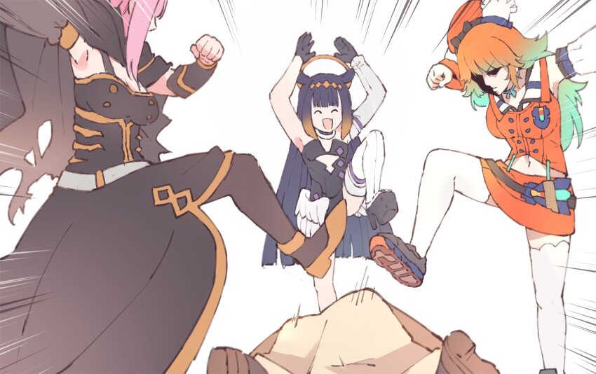 4girls, abbacchio_joins_the_kicking_(meme), black_dress, blunt_bangs, chef_hat, detective, dress, elbow_gloves