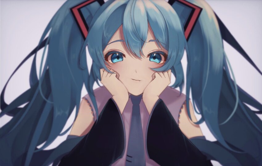1girl, black_sleeves, blue_eyes, blue_hair, blue_necktie, commentary_request, detached_sleeves, hands_on_own_cheeks, hands_on_own_face, hatsune_miku, highres, long_hair, looking_at_viewer, natsuno_meme, necktie, solo, twintails, vocaloid, wide_sleeves