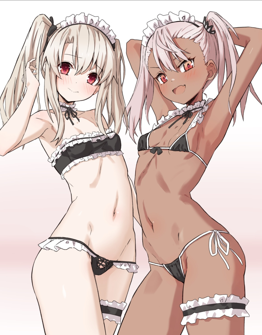 2girls, armpits, arms_behind_head, arms_up, bare_shoulders, bikini, black_bikini, blush, breasts, chloe_von_einzbern, collarbone, cowboy_shot, dark-skinned_female, dark_skin, fate/kaleid_liner_prisma_illya, fate_(series), female_focus, frilled_thigh_strap, gradient_background, hair_between_eyes, highres, illyasviel_von_einzbern, loli, long_hair, looking_at_viewer, maid, maid_bikini, maid_headdress, micro_bikini, multiple_girls, navel, open_mouth, orange_eyes, pink_hair, red_eyes, side-tie_bikini_bottom, sidelocks, simple_background, small_breasts, smile, standing, swimsuit, takanashi_kei_(hitsujikan), thigh_strap, thighs, twintails, unconventional_maid, white_hair