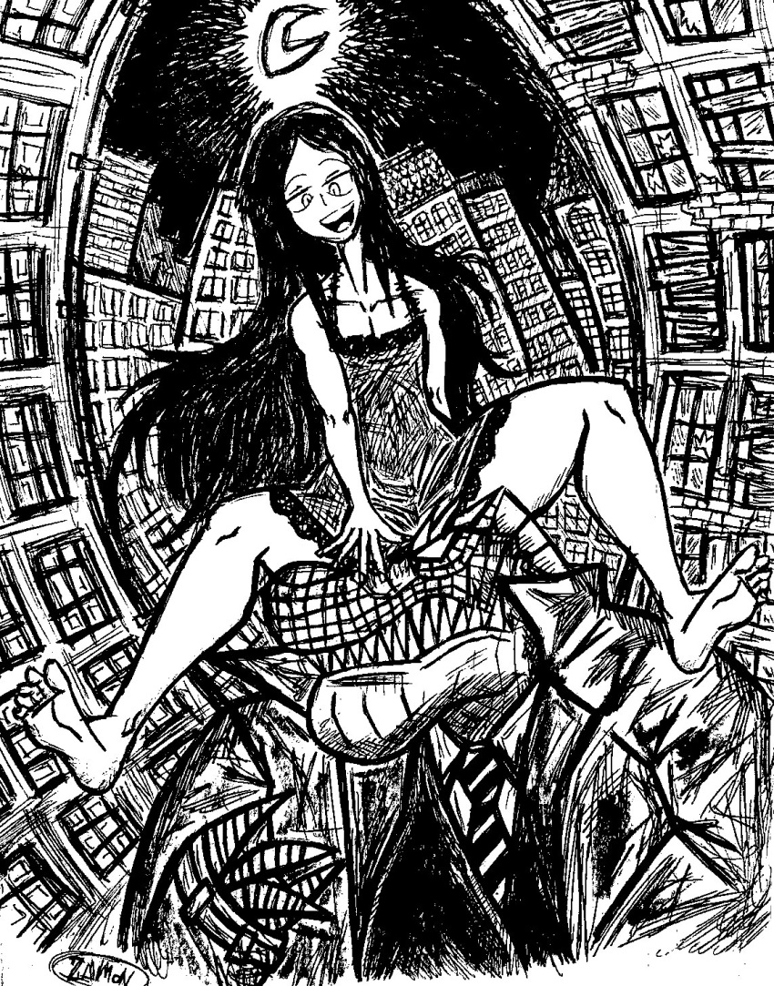 1boy, 1girl, alex_rex, barefoot, city, coat, dinosaur, dr._necro