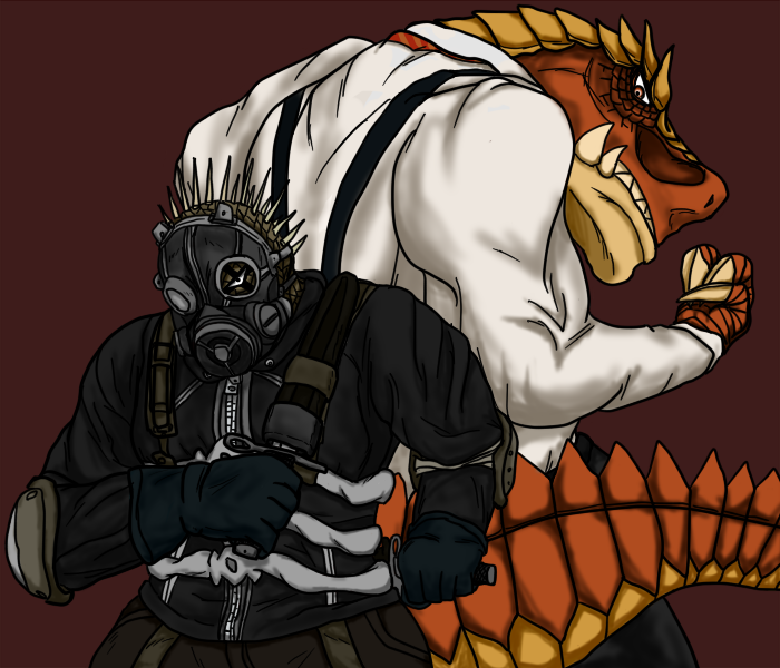 2boys, alex_rex, angry, caiman_(dorohedoro), crossover, dinosaur, dorohedoro, gas_mask