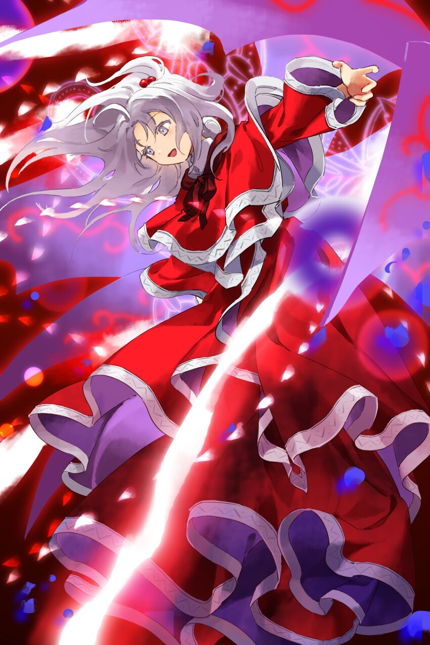 1girl, absurdres, blush, brown_ribbon, capelet, dress, floating_hair, grey_eyes