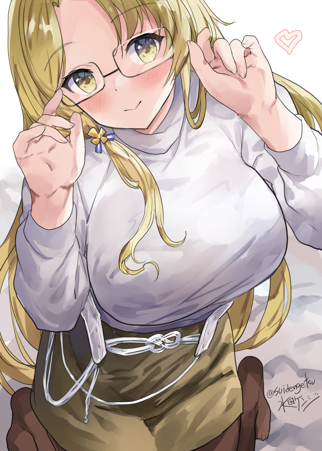 1girl, artist_name, blonde_hair, blush, brown_pantyhose, brown_skirt, closed_mouth, glasses