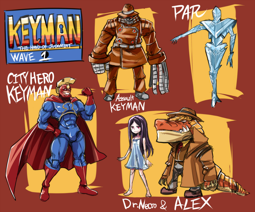 1girl, 4boys, action_figure, alex_rex, armor, bodysuit, booby_(keyman), cape