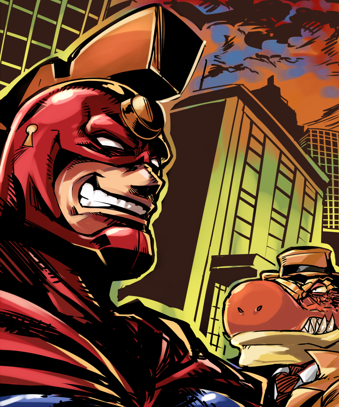 2boys, alex_rex, city, dinosaur, fedora, grin, hat, keyman:_the_hand_of_judgement, keyman_(character), keyman_(species), multiple_boys, sheepbox, smile, superhero_costume, tyrannosaurus_rex