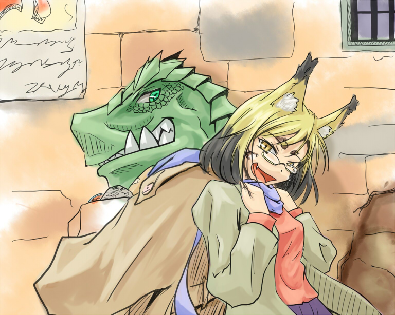 alex_rex, animal_ears, bag, breasts, cat_ears, couple, fang, glasses