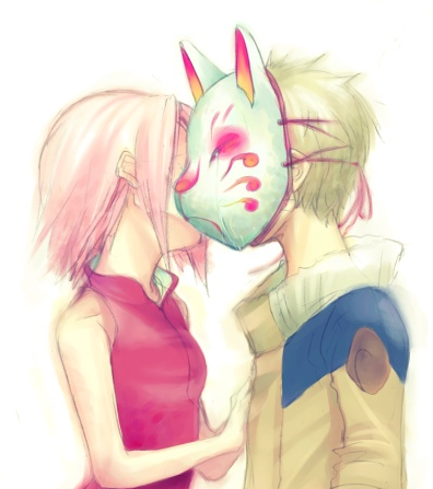 artist_request, blonde_hair, couple, haruno_sakura, kiss, lowres, mask, naruto_(classic), naruto_(series), obscuring_face, pink_hair, short_hair, uzumaki_naruto