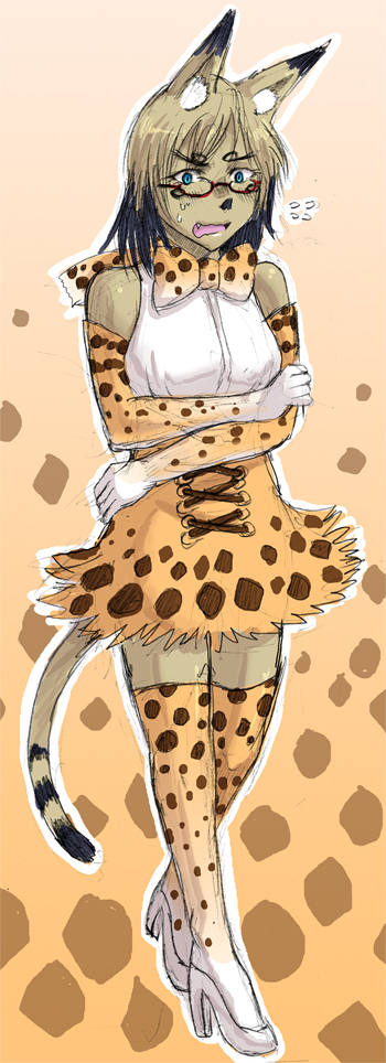 alternate_costume, animal_ears, cat_ears, cat_tail, cosplay, dark_skin, glasses, hamusuke, kemono_friends, keyman:_the_hand_of_judgement, sally_rex, serval_(kemono_friends), serval_(kemono_friends)_(cosplay), serval_girl, tail