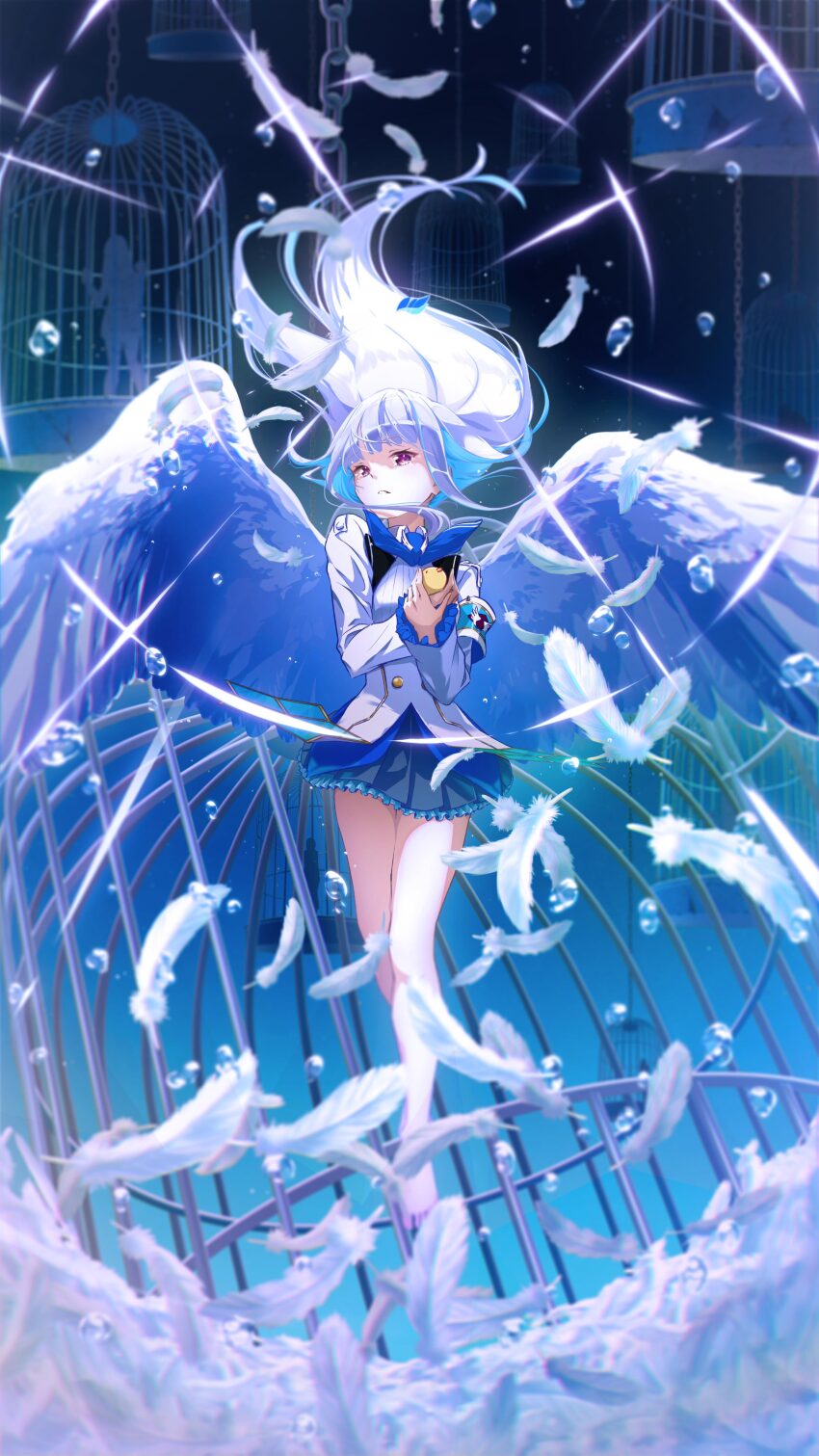 1girl, absurdres, angel_wings, bare_legs, birdcage, blouse, blush, breasts