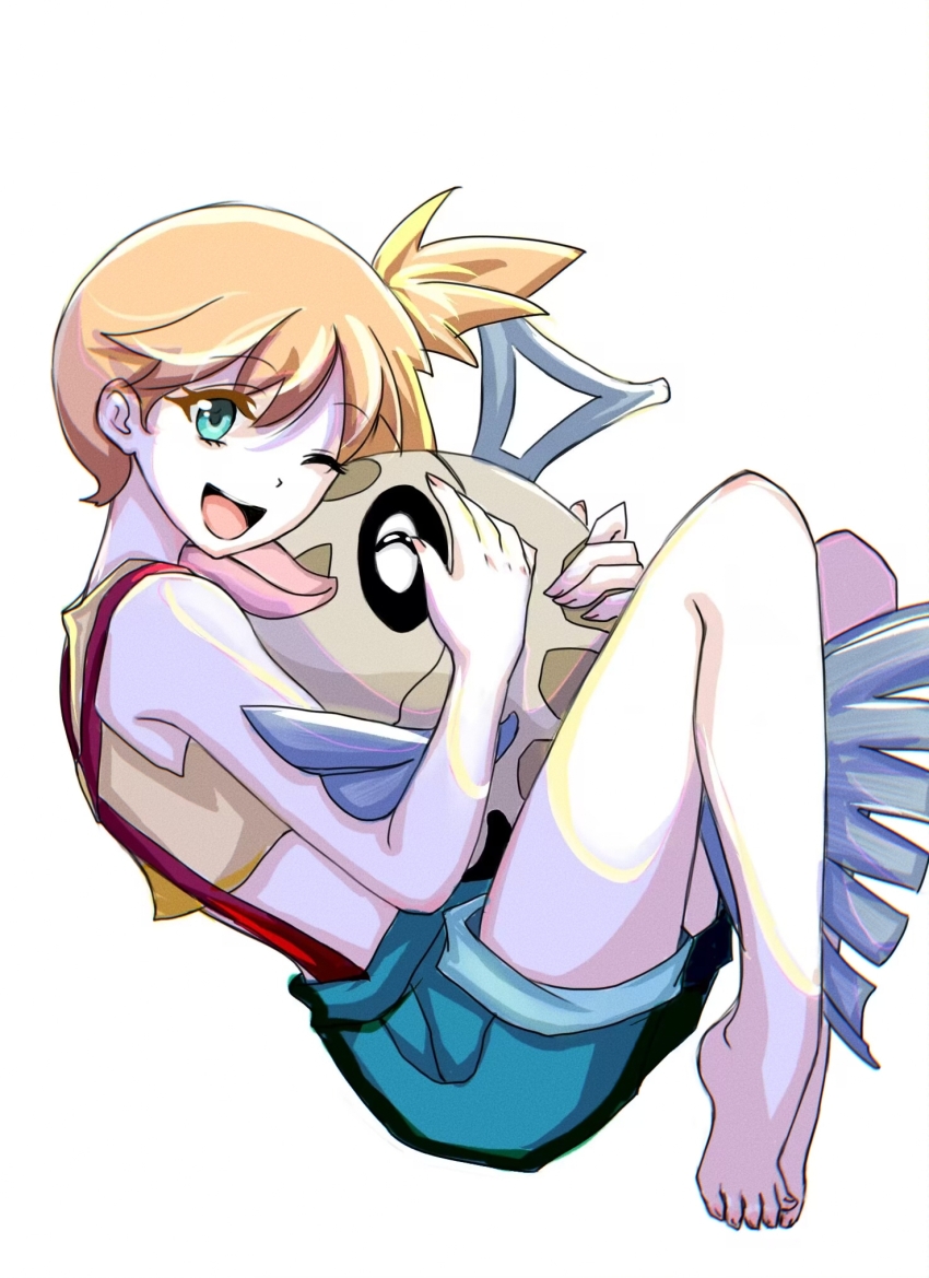 1girl, asymmetrical_hair, blush, cowboy_shot, feebas, female_focus, gen_1_pokemon, gen_3_pokemon, green_eyes, gym_leader, hair_between_eyes, hair_tie, hakuya_1023, highres, holding, hug, looking_at_viewer, misty_(pokemon), nintendo, one_eye_closed, open_mouth, orange_hair, pokemon, pokemon_(anime), pokemon_(classic_anime), ponytail, short_hair, side_ponytail, simple_background, smile, solo, suspenders, wink