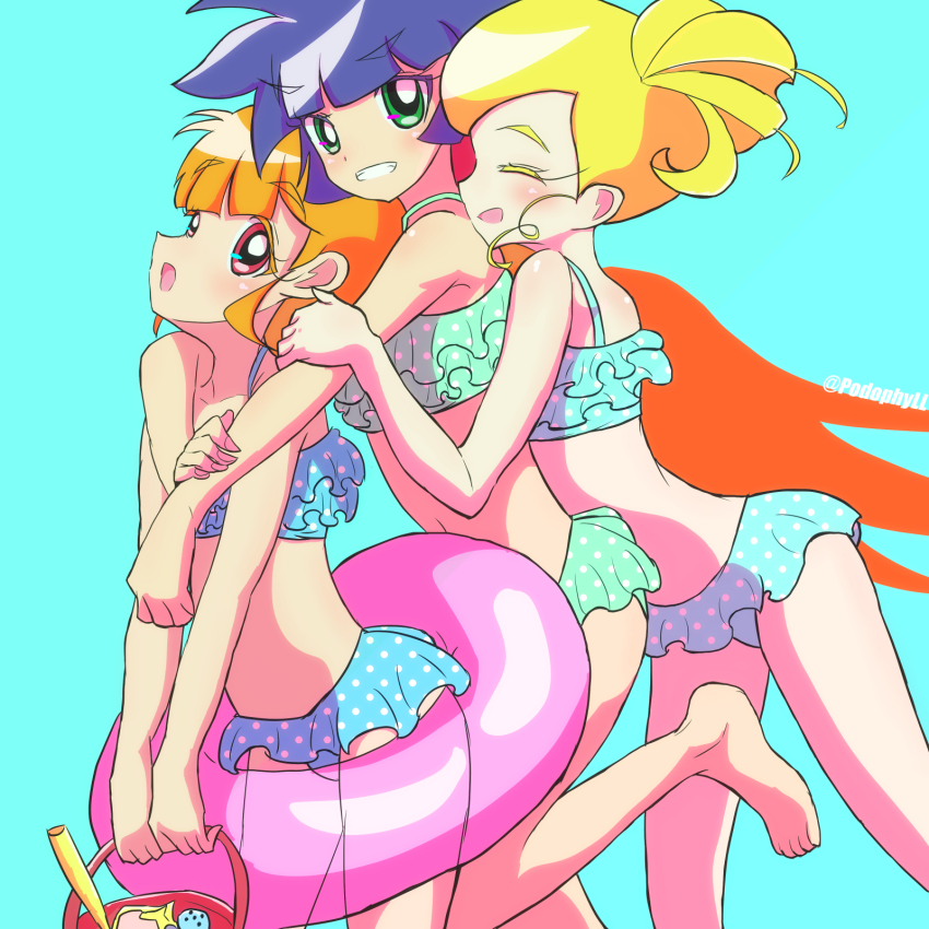 3girls, akazutsumi_momoko, artist_name, bikini, closed_eyes, goutokuji_miyako, green_eyes, highres, hyper_blossom, matsubara_kaoru, multiple_girls, podophyll, powered_buttercup, powerpuff_girls_z, red_eyes, rolling_bubbles, smile, swimsuit