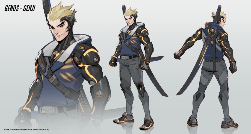 1boy, absurdres, back, belt, black_belt, black_eyes, blonde_hair, blue_jacket, clenched_hand, concept_art, copyright_name, copyright_notice, cyborg, english_text, full_body, genji_(overwatch), genos, genos_genji, grey_pants, highres, jacket, looking_back, looking_to_the_side, male_focus, ninja, official_alternate_costume, official_art, one-punch_man, overwatch, overwatch_2, pants, sheath, sheathed, sleeveless, smile, solo, sword, upper_body, weapon