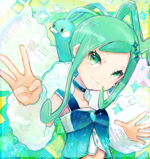 1girl, ahoge, altaria, arm_warmers, buttons, closed_mouth, commentary_request, gen_3_pokemon, green_eyes, green_hair, hair_ornament, hairpin, lisia_(pokemon), looking_at_viewer, nintendo, nru1k, pokemon, pokemon_(creature), pokemon_omega_ruby_and_alpha_sapphire, sidelocks, smile, upper_body, vest