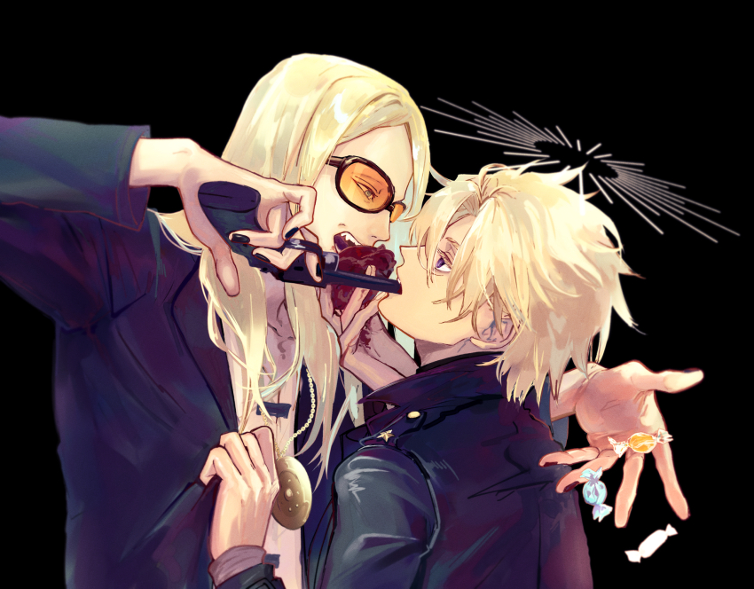 2boys, black_background, blonde_hair, blood, blood_on_hands, blue_eyes, candy, clothes_grab, daybit_sem_void, fangs, fate/grand_order, fate_(series), feeding, food, gun, gun_in_mouth, halo, hand_on_another's_chest, heart, highres, jacket_grab, jewelry, killerwhale000, long_hair, male_focus, medallion, multiple_boys, necklace, simple_background, sunglasses, sweets, tezcatlipoca_(fate), tezcatlipoca_(first_ascension)_(fate), upper_body, weapon