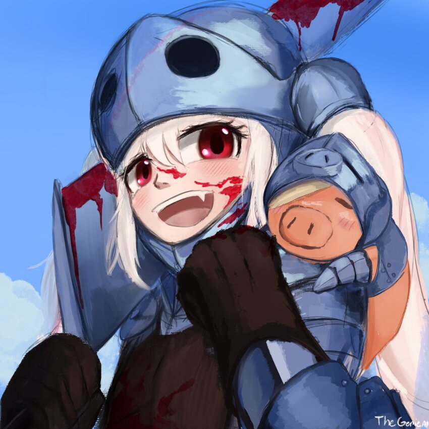 1girl, alice_sawyer, armor, artist_name, bandages, blood, blood_on_face, bloody_weapon