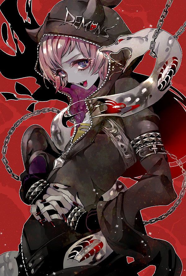 1boy, black_hoodie, blue_eyes, demon_boy, demon_horns, demon_mangu_(show_by_rock!!), hood, hood_up, hoodie, horns, long_sleeves, looking_at_viewer, male_focus, mamaloni, open_mouth, pink_hair, red_background, red_nails, short_hair, show_by_rock!!, smile, snake, solo, white_snake