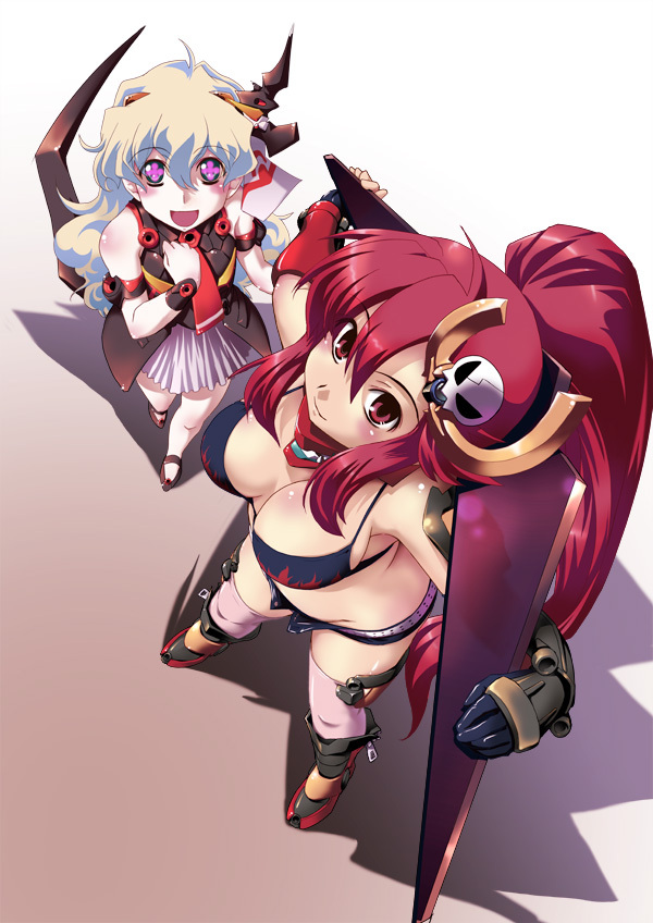 +_+, 2girls, blue_hair, breasts, cleavage, cosplay, cross-shaped_pupils, gurren-lagann, gurren-lagann_(cosplay), hair_ornament, ikuya, ikuya_daikokudou, lazengann, lazengann_(cosplay), long_hair, mecha_musume, multicolored_hair, multiple_girls, nia_teppelin, ponytail, red_hair, shorts, smile, sunglasses, symbol-shaped_pupils, tengen_toppa_gurren_lagann, thighhighs, yellow_eyes, yoko_littner