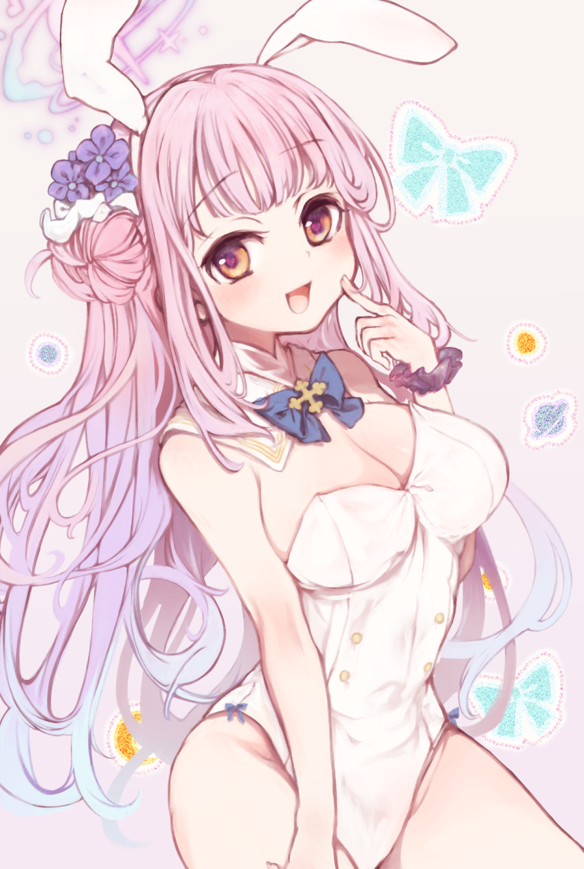 1girl, :d, animal_ears, arm_at_side, bare_arms, blue_archive, blue_bow, blue_bowtie