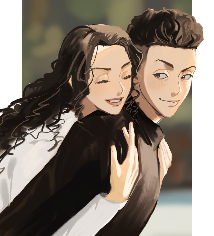 1boy, 1girl, ayako_(slam_dunk), black_eyes, black_hair, black_sweater, closed_eyes, curly_hair