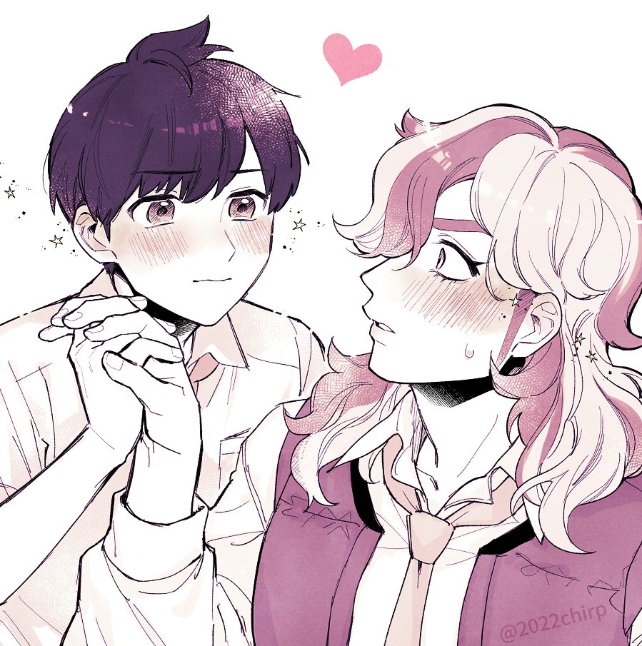 2022chirp, 2boys, arven_(pokemon), blush, collared_shirt, florian_(pokemon), hair_over_one_eye, heart, holding_hands, limited_palette, long_hair, multicolored_hair, multiple_boys, necktie, nintendo, open_clothes, open_mouth, open_vest, pokemon, pokemon_scarlet_and_violet, shirt, short_hair, star_(symbol), vest