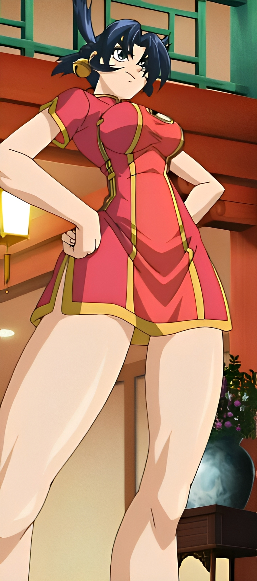 1girl, absurdres, anime_screenshot, bell, blue_hair, breasts, china_dress, chinese_clothes