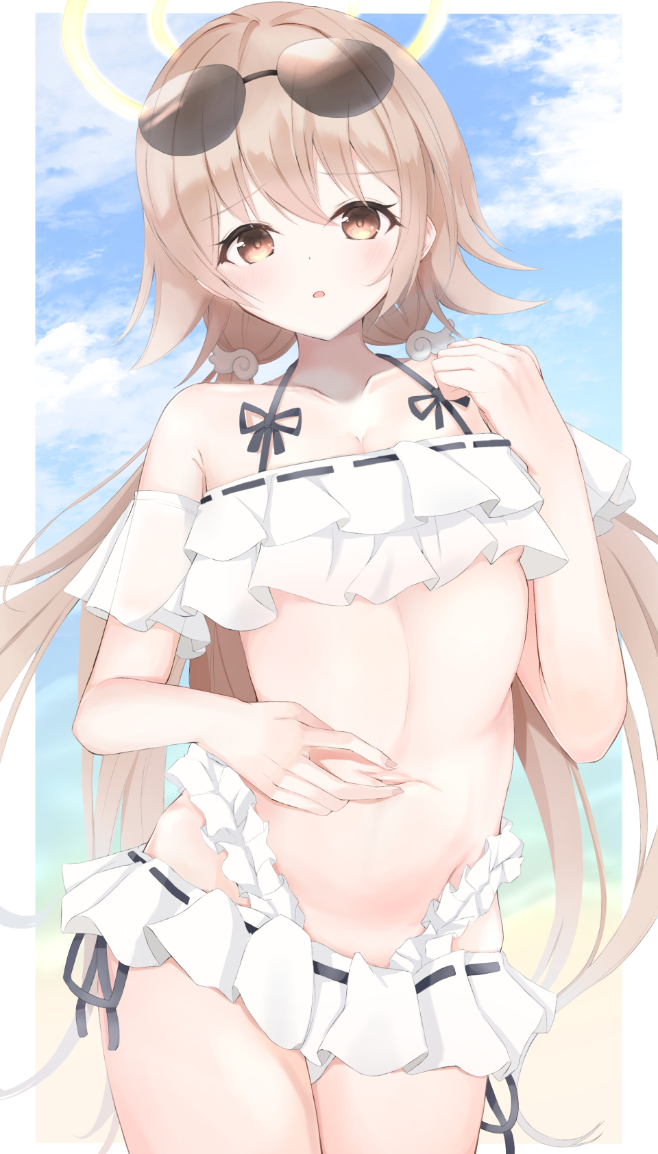 1girl, bare_shoulders, bikini, bikini_skirt, blue_archive, blue_sky, breasts, brown_eyes