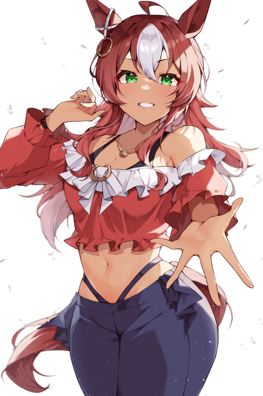 1girl, absurdres, ahoge, animal_ears, bare_shoulders, blue_pants, breasts, brown_hair