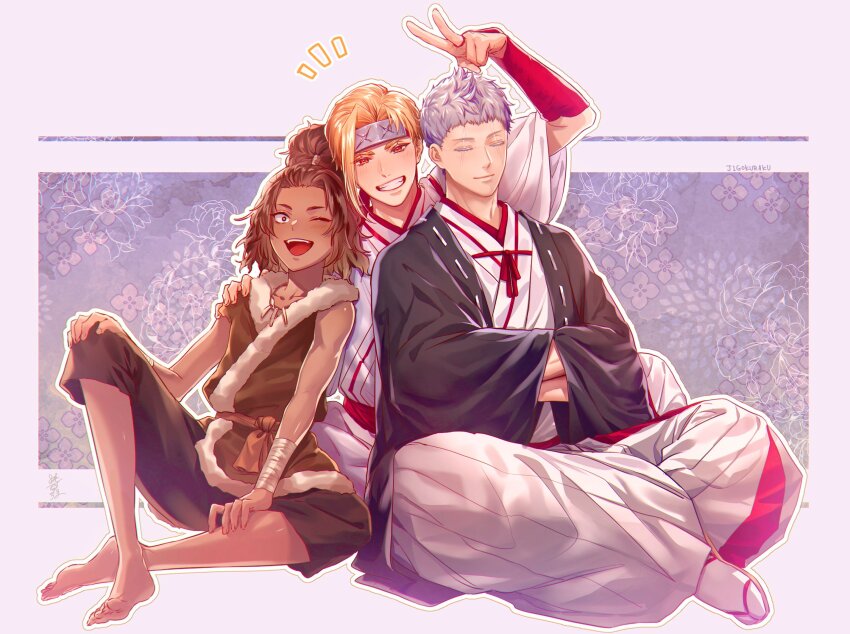 1girl, 2boys, arm_up, bandaged_arm, bandages, blind, blonde_hair, bridal_gauntlets