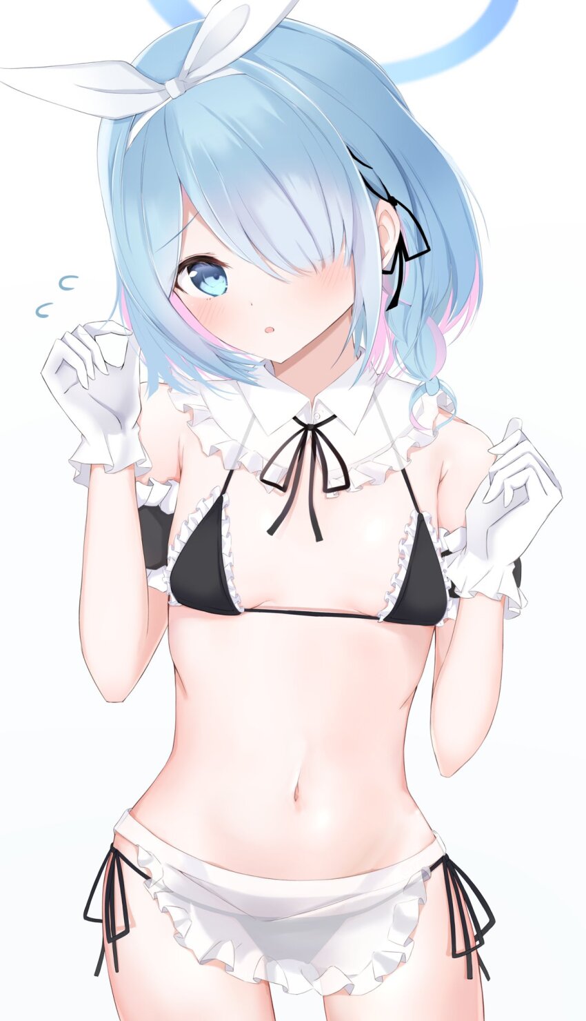 1girl, alternate_costume, apron, aqua_eyes, aqua_hair, arona_(blue_archive), bikini, black_bikini