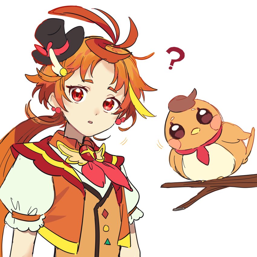 1boy, ?, absurdres, ahoge, bird, blush_stickers, brooch, butterfly_earrings