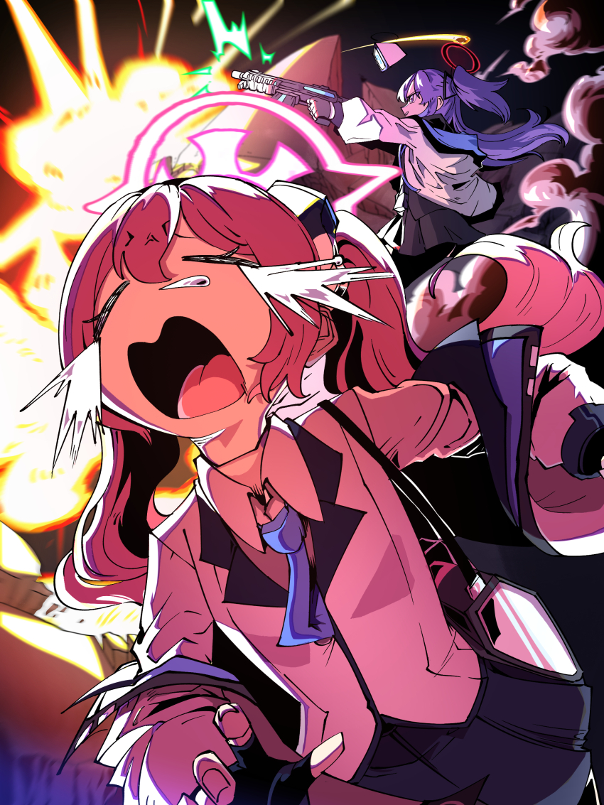 2girls, absurdres, bag, battle, blazer, blue_archive, blue_necktie, closed_eyes