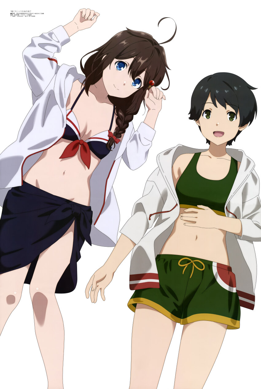 2girls, absurdres, adapted_costume, ahoge, bikini, black_bikini, black_hair, black_sarong