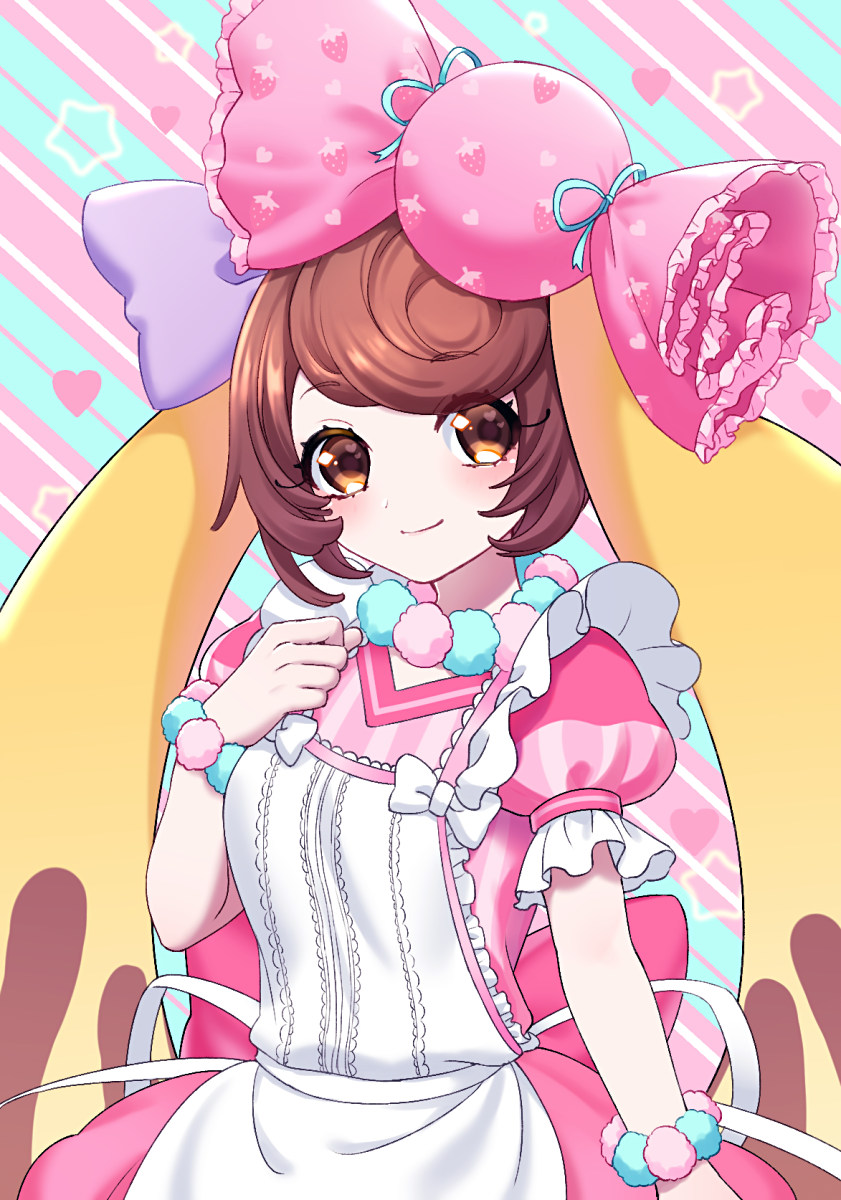 1girl, animal_ears, apron, blue_background, bow, brown_eyes, brown_hair, candy_lapin_(show_by_rock!!)