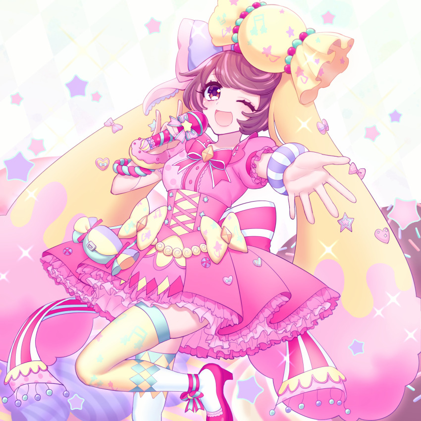 1girl, animal_ears, brown_eyes, brown_hair, candy_lapin_(show_by_rock!!), dress, highres, holding