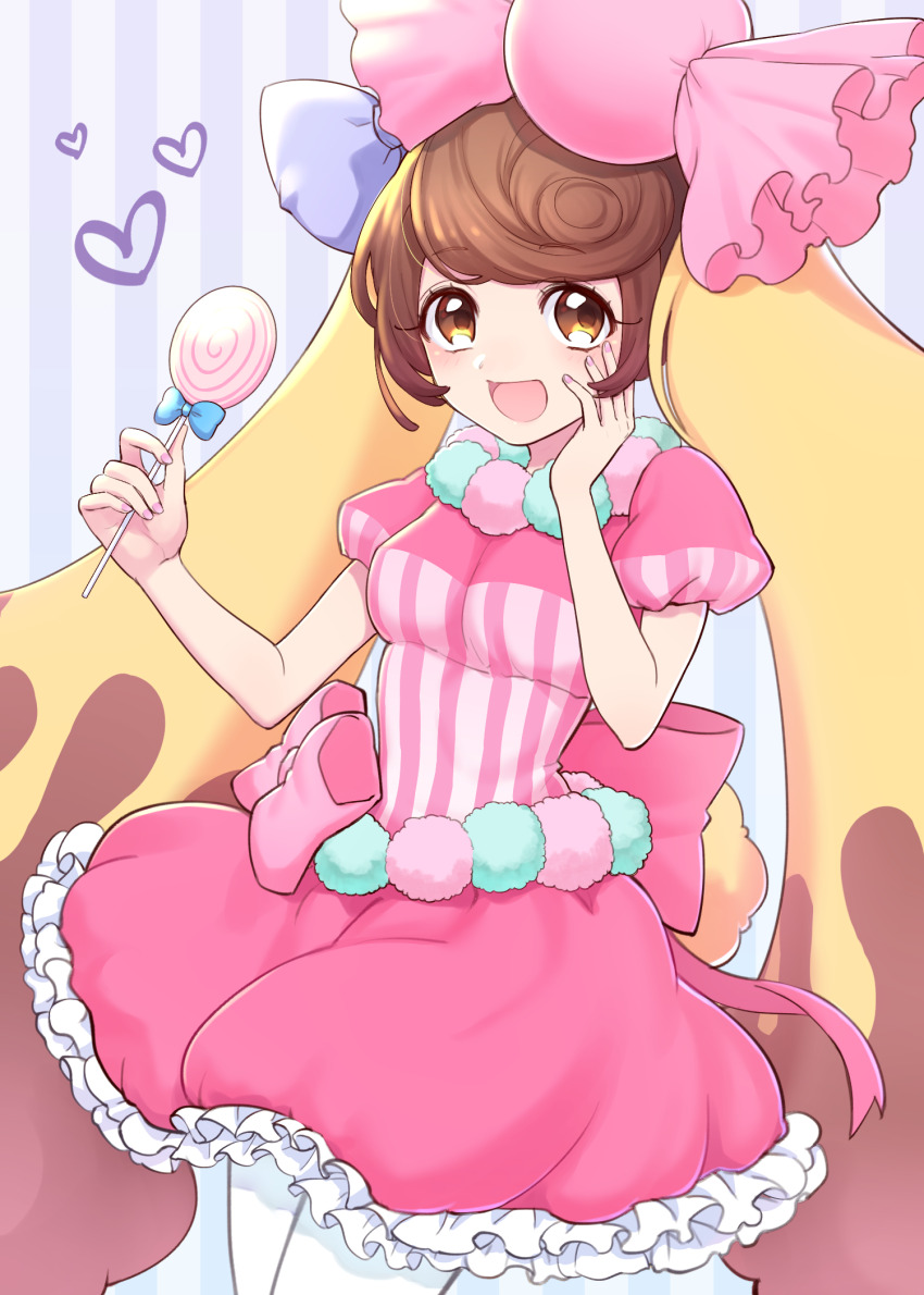 1girl, animal_ears, blue_background, bow, brown_eyes, brown_hair, candy, candy_lapin_(show_by_rock!!)