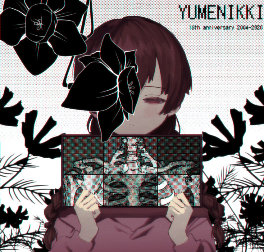 1girl, black_flower, blurry, blurry_background, braid, brown_hair, chromatic_aberration, closed_mouth