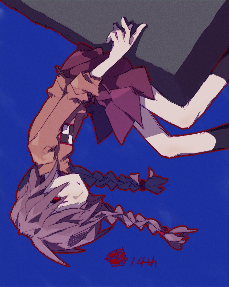 1girl, anniversary, blue_background, bow, braid, expressionless, feet_out_of_frame, floating_hair