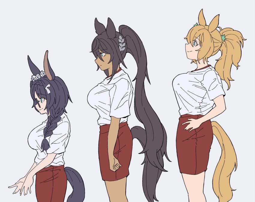 3girls, animal_ears, aqua_eyes, arms_at_sides, black_hair, blonde_hair, braid, braided_ponytail, breasts, closed_mouth, dark-skinned_female, dark_skin, feet_out_of_frame, from_side, glasses, grey_background, hair_ornament, hands_on_own_hips, height_difference, highres, horse_ears, horse_girl, horse_tail, large_breasts, long_hair, multiple_girls, obushideian, ponytail, red_shorts, shirt, shirt_tucked_in, short_sleeves, shorts, sideways_mouth, simple_background, smile, standing, symboli_kris_s_(umamusume), taiki_shuttle_(umamusume), tail, umamusume, white_shirt, zenno_rob_roy_(umamusume)