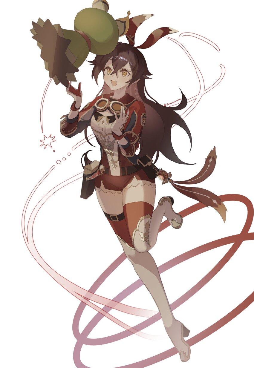 1girl, :d, absurdres, amber_(100%_outrider)_(genshin_impact), amber_(genshin_impact), artist_name, badge, belt