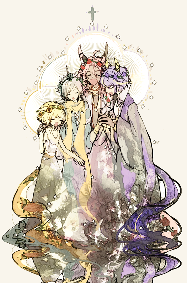 4boys, animal_ears, argon_(show_by_rock!!), candy_(robbit), closed_eyes, cow_boy, cow_horns, full_body