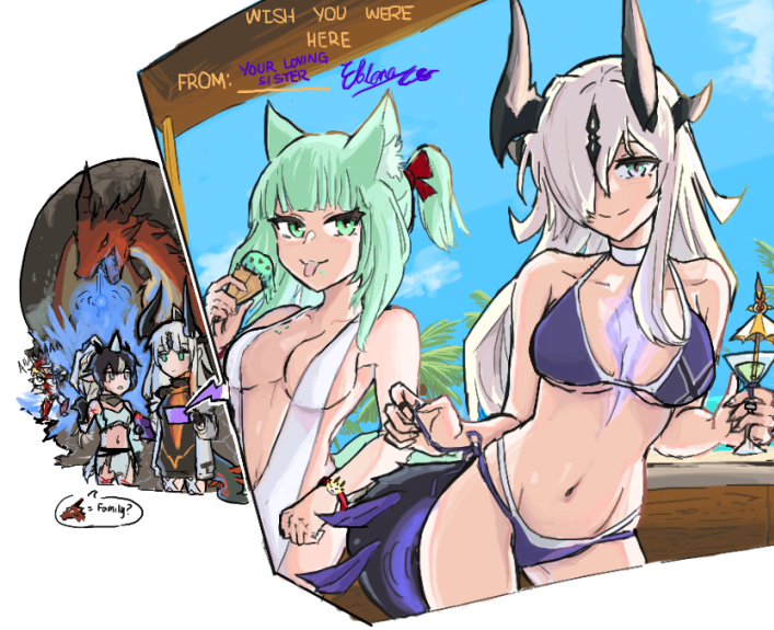 1boy, 4girls, :p, animal_ears, arknights, astrograph21, bikini, black_hair, blue_eyes, blue_sky, breasts, cat_ears, cat_girl, choker, cocktail_glass, cup, day, dragon, dragon_girl, dragon_horns, dragon_tail, drink, drinking_glass, food, food_on_face, green_hair, grey_hair, hair_ornament, hair_over_one_eye, harmonie_(arknights), holding, holding_drink, holding_food, horns, ice_cream, kirin_r_yato_(arknights), large_breasts, mint_chocolate, multiple_girls, navel, necrass_(arknights), noir_corne_(arknights), one-piece_swimsuit, outdoors, palm_tree, purple_bikini, rathalos_s_noir_corne_(arknights), reed_(arknights), sky, slingshot_swimsuit, smile, swimsuit, tail, tongue, tongue_out, tree, white_choker, white_one-piece_swimsuit, white_slingshot_swimsuit, yato_(arknights)