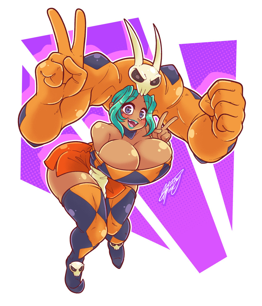 1girl, absurdres, blush, boots, breasts, cerebella_(skullgirls), cleavage, dark-skinned_female