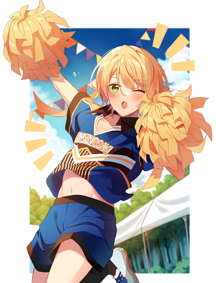 1boy, ;o, absurdres, arm_up, bishounen, blonde_hair, blue_shorts, blue_sky