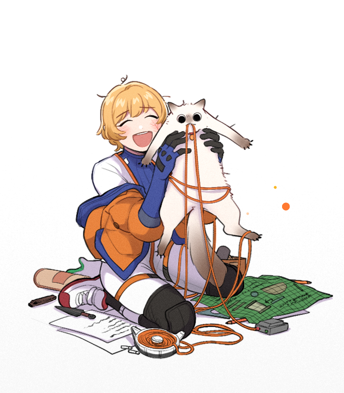 1girl, ^_^, animal, apex_legends, black_eyes, blonde_hair, blue_bodysuit, blueprint_(object)