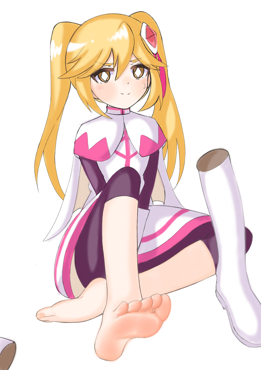 1girl, absurdres, barefoot, blonde_hair, boots, unworn_boots, diamond_queen, feet, highres, kaitou_joker, light_blush, long_hair, looking_at_viewer, shoes, unworn_shoes, smile, soles, toes, twintails, yellow_eyes