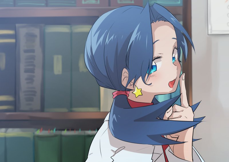 1girl, :d, blue_eyes, blush, book, bookshelf, earrings, eyelashes