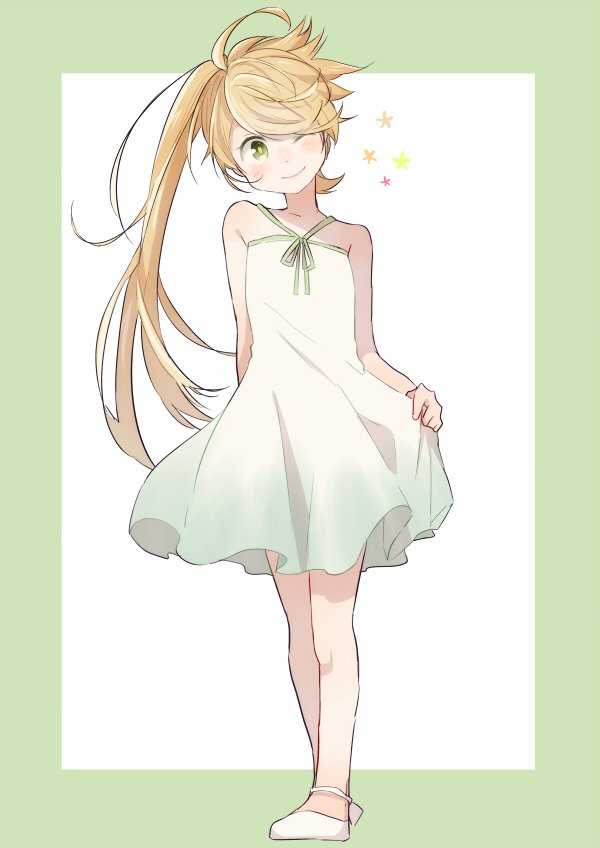 1girl, ;), bare_arms, blonde_hair, blush, border, closed_mouth, dress