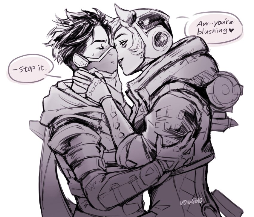 2girls, apex_legends, apex_voidshifter_wraith, blush, bodysuit, commentary, cyber_punked_wattson, embarrassed, english_commentary, english_text, greyscale, hand_on_another's_arm, hands_on_another's_neck, heart, highres, horns, imminent_kiss, jacket, mask, messy_hair, monochrome, mouth_mask, multiple_girls, official_alternate_costume, parted_lips, scarf, short_hair, sketch, speech_bubble, untranslatable_commentary, twitter_username, wasabi_(vowsbid), wattson_(apex_legends), white_background, wraith_(apex_legends), yuri