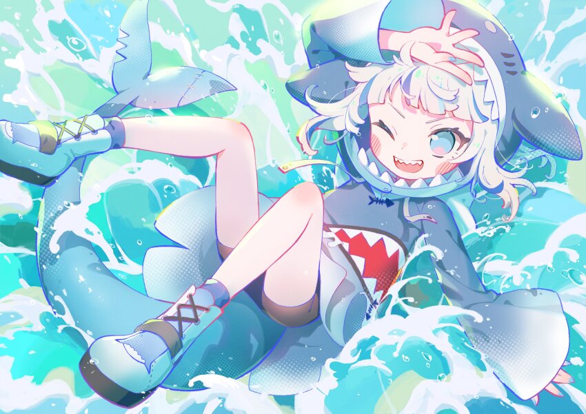 1girl, ;d, absurdres, animal_costume, animal_hood, arm_up, blue_eyes, blue_hair